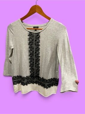 Cute cozy gray flowy lace accent ruffle hem top Talbots classic